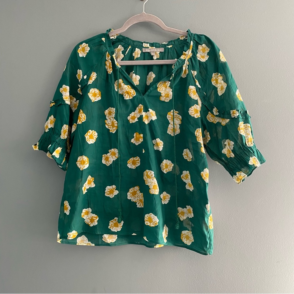 NWT Daniel Rainn Dae Green Ruffle Floral Puff Sleeve Boho Peasant Blouse Sz S